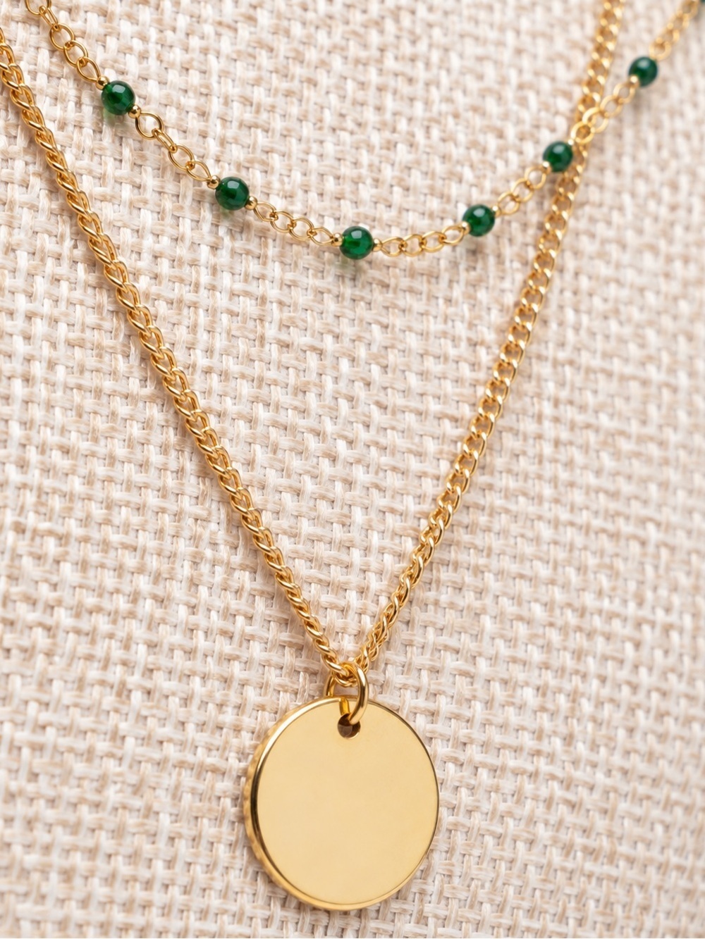 Gold Layered Green Beaded Coin Pendant Necklace Minimalist Boho Adjustable - Picture 3 of 6